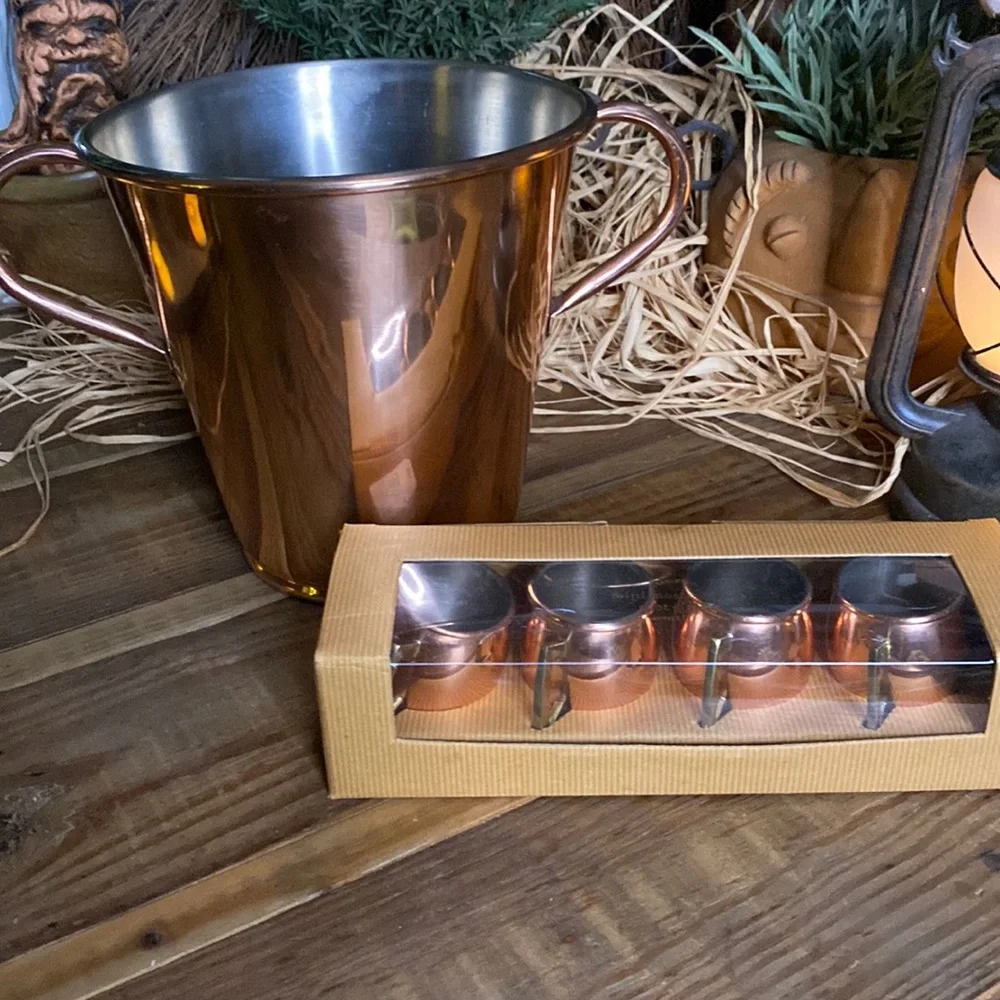 Pottery Barn Handcrafted Copper Ice Bucket with Mini Moscow Mule Shotglasses